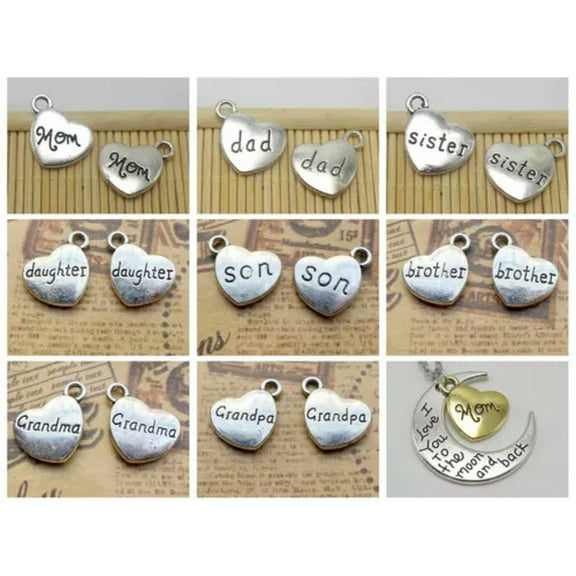 U8MO 20 Tibet Silver Tone Alloy Heart Charm Pendant18X15mm Engraved "Mon dad sister"-Assorted