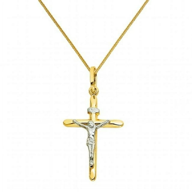 Precious Stars Jewelry 14k Two-tone Gold Crucifix Religious Pendant with 0.8-mm Square Wheat Chain