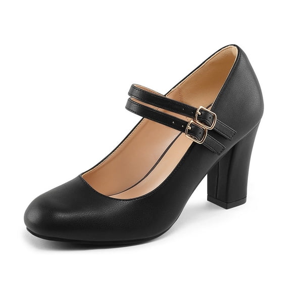 PENNYSUE Women's Mary Jane Pumps High Heels - Round and Closed Toe Shoes with Double Ankle Strap Buckle for Summer Party Wedding Occasions