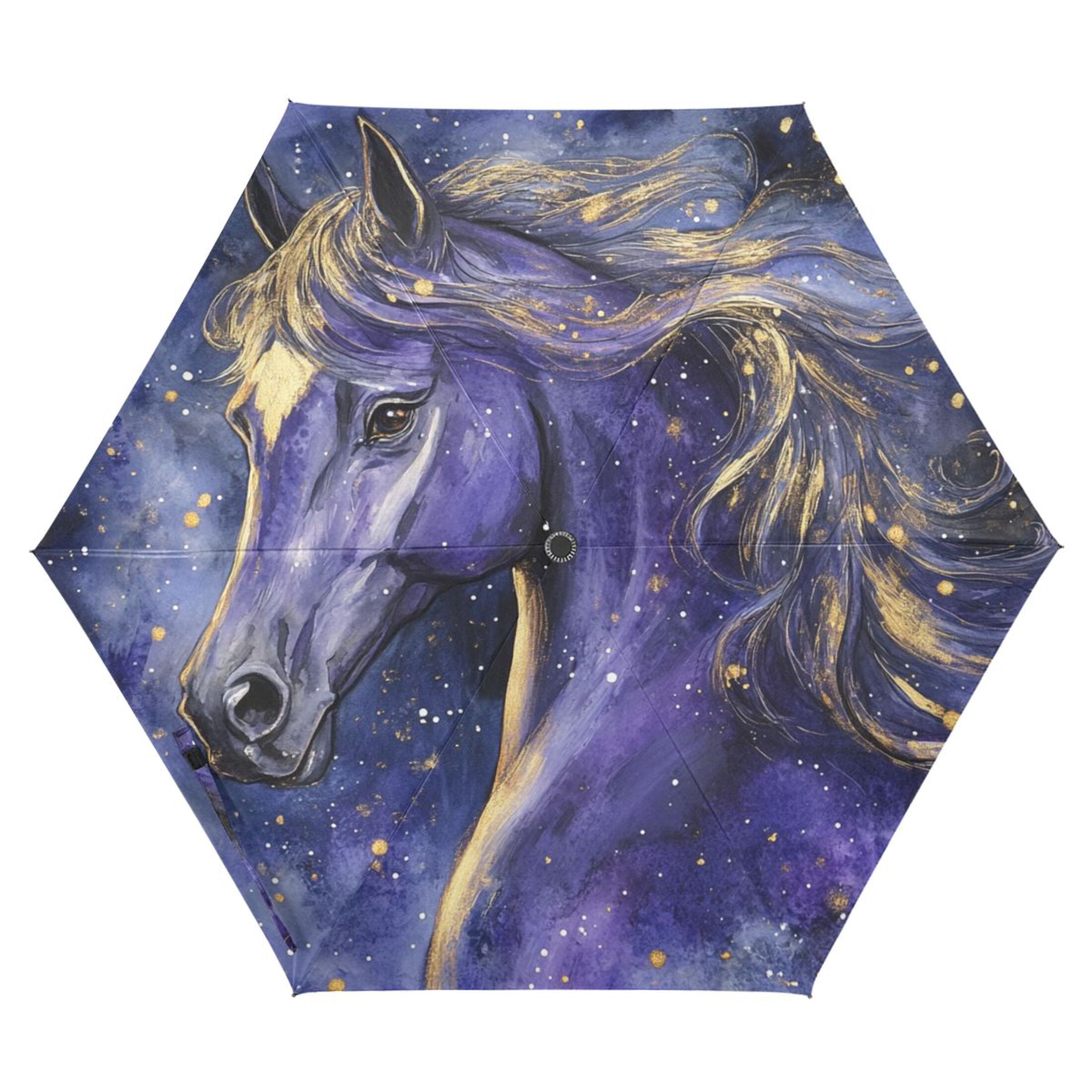 Elegant Purple Golden Horse All Weather Umbrella Triple Folding Parasol 6 Ribs UV Protection Portable