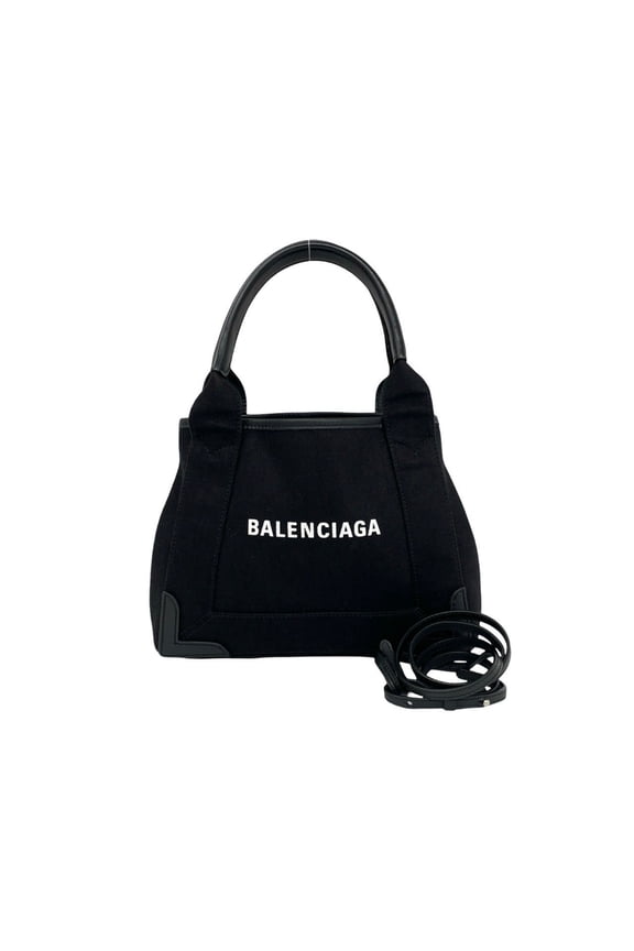 Pre-Owned BALENCIAGA Navy Cabas XS Canvas Leather Genuine 2-way Handbag Shoulder Bag Black 22787