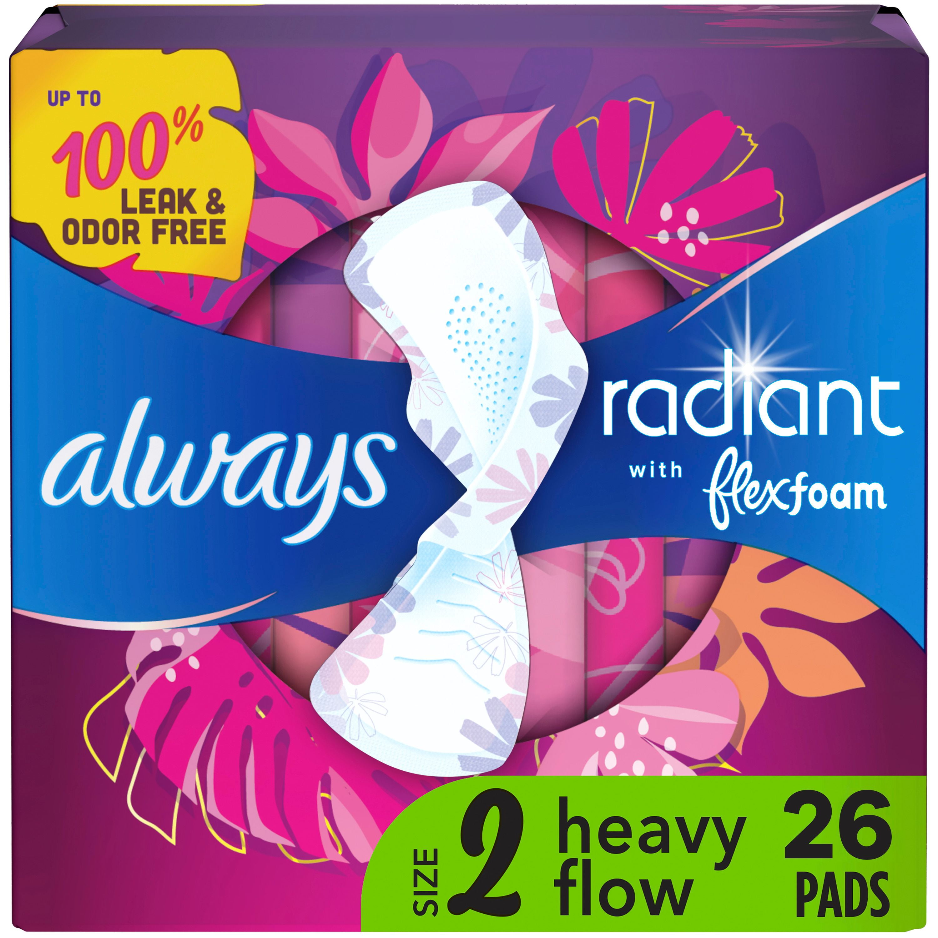 Always Radiant with FlexFoam Pads, Size 2, Heavy, with Wings, Light Clean Scent, 26 Count