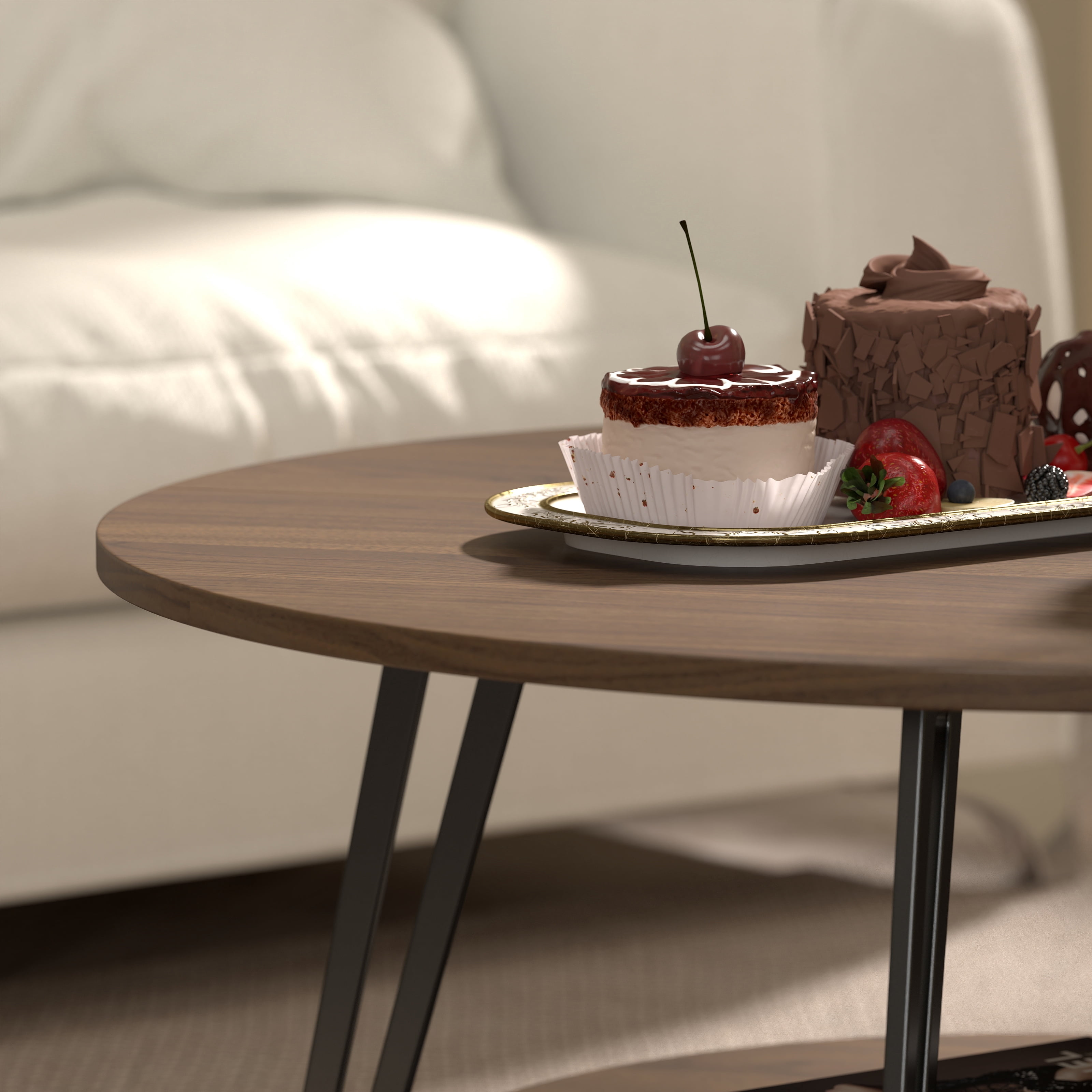Manora Round Coffee Table with Storage 2-Tier Design, Vintage Coffee Table for Living Room, Walnut