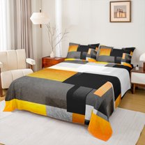 Feelyou Geometric Anstract Full Size Sheets for Adult, Grey Orange Square Bed Sheets, Modern Fashion Sheet Sets, Microfiber Bedroom Decor, 4 Pieces