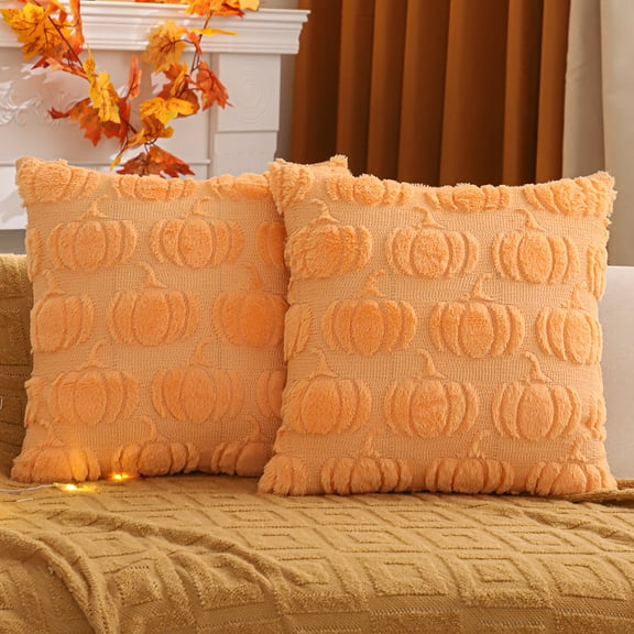 Tosleo Fall Throw Pillow Covers 18x18 Set of 2 Light Orange Pumpkin Decorative Pillow Cases FarmhouseThanksgiving Plush Faux Fur Cushion Covers for Couch SofaBed