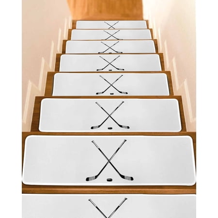 Ice Hockey Stair Treads for Wooden Steps Indoor Runner Rug Carpet Modern Minimalist Ball Sports Game Art 10 Pieces Peel and Stick Staircase Step Treads Covers Washable Throw Door Mats 30 x8