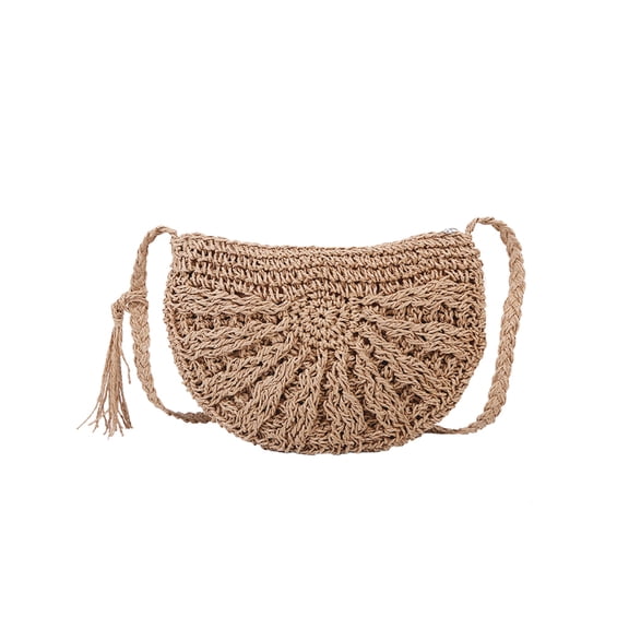 Women's Retro Straw Rope Woven Mini Purse, Zipper Beach Shoulder Crossbody Bag for Summer Vacation (Light Brown)