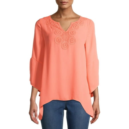 The Pioneer Woman Woven Crepe Blouse with Sharkbite Hem, Womens
