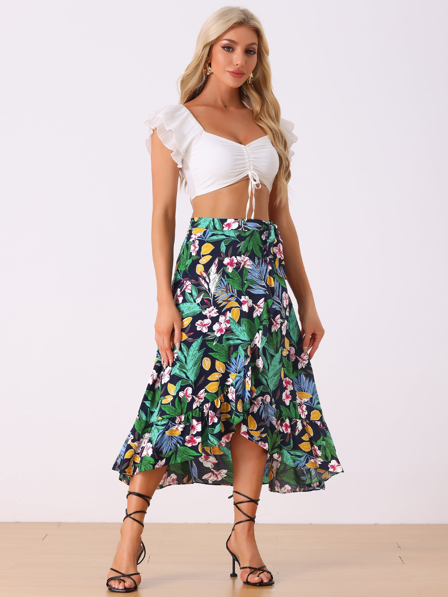 DARING DIVA Women's Ruffle Self Tie Knot Split Beach Wrap Midi Skirt XL Dark Blue
