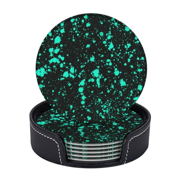 6 Pcs Leather Coasters,Black Mint Paint Splatter Artistic Splash Coasters For Drinks,Cup Mat Pad,Housewarming Gift,Ideal For Home Decor