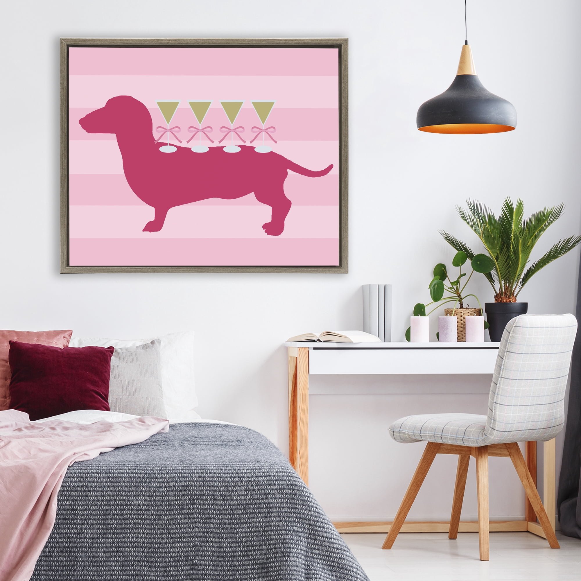 Stupell Industries Pink Dachshund With Martinis Brown Framed Floater Canvas Wall Art, design by Lil' Rue
