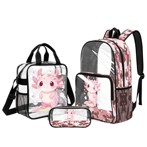 ZUXONGSY Axolotl Cherry Blossom Print Clear Backpack 17" for School Girls and Boys 3Pcs Transparent Bookbag Set with Lunch Box and Pencil Case, Heavy Duty PVC Backpack for Kids Toddler Girls