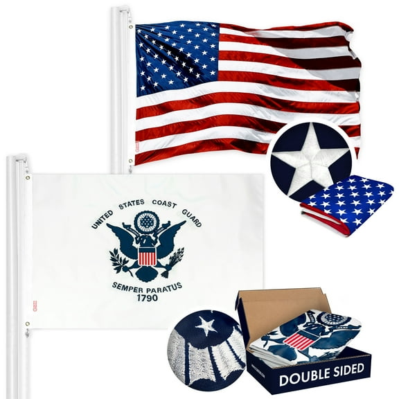 G128 Combo Pack: USA American Flag 3x5 Ft Embroidered Stars & US Coast Guard Flag 3x5 Ft Embroidered Double Sided 2ply