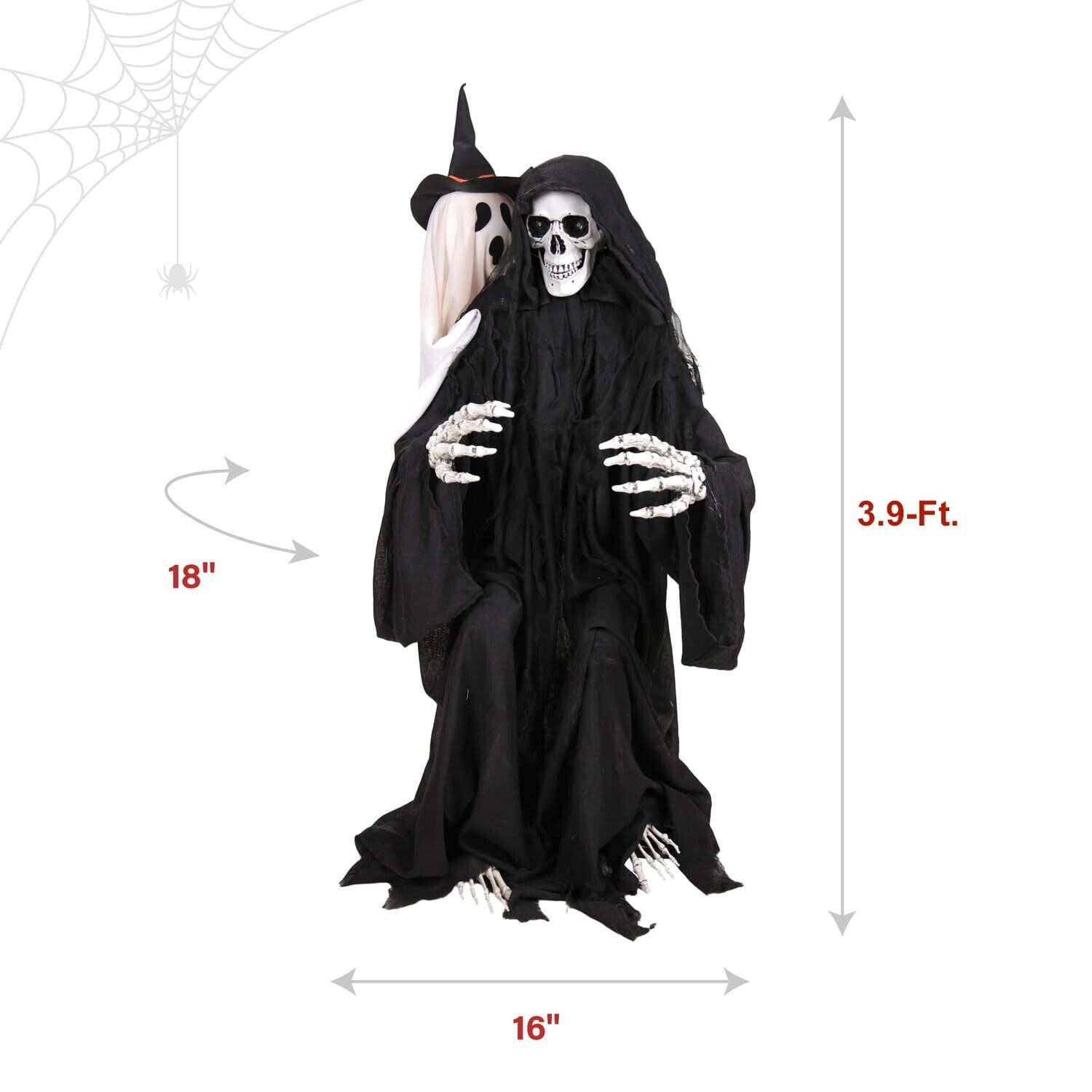 Haunted Hill Farm Red LED Battery Reaper with Hide and Seek Ghost Halloween Animatronic 3.9-Ft.