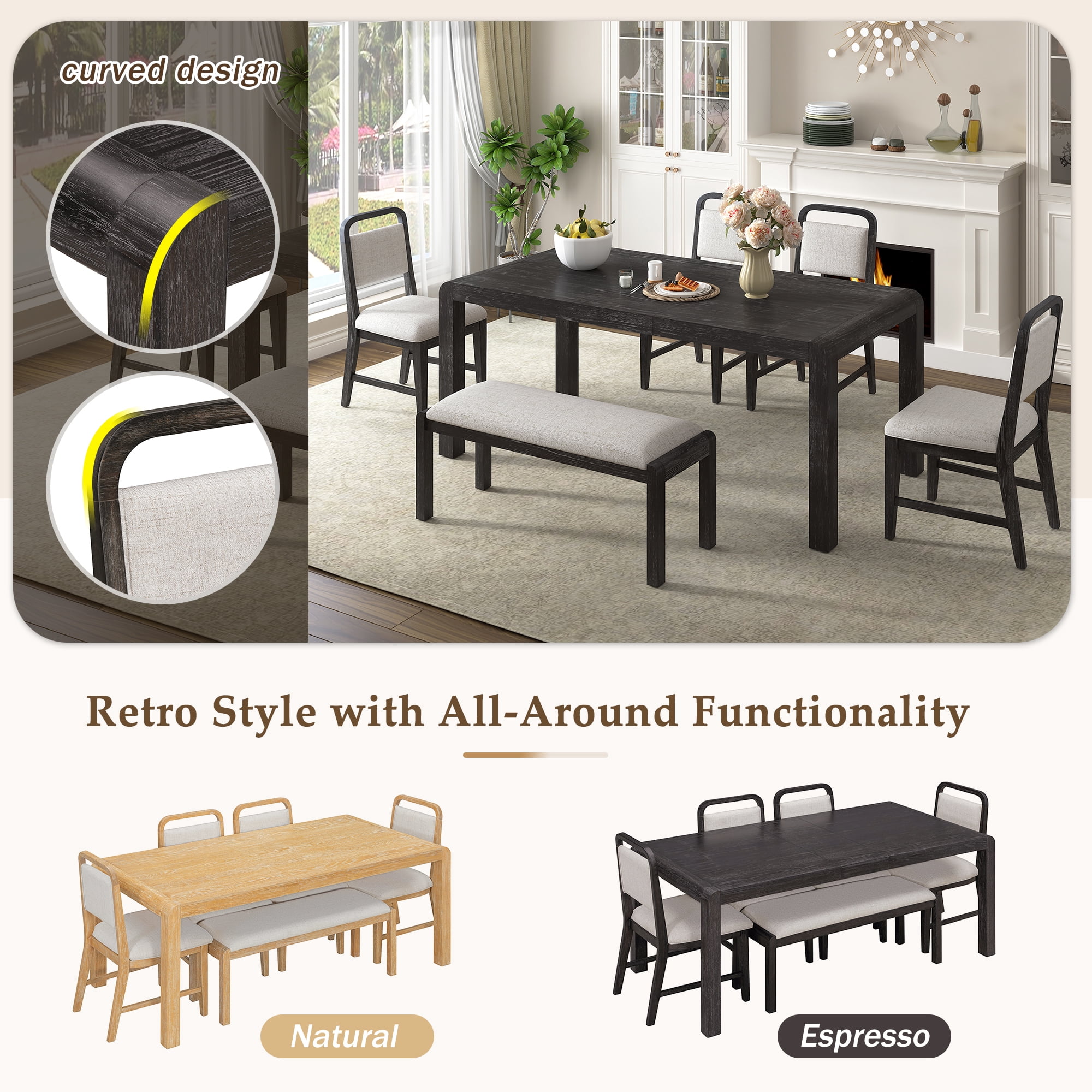 Euroco 6 Piece Extendable Dining Table Set for 4-6, Retro Kitchen Table Set with Curved Design and 4 Upholstered Chairs, Dining Furniture Set for Kitchen Living Room,Espresso