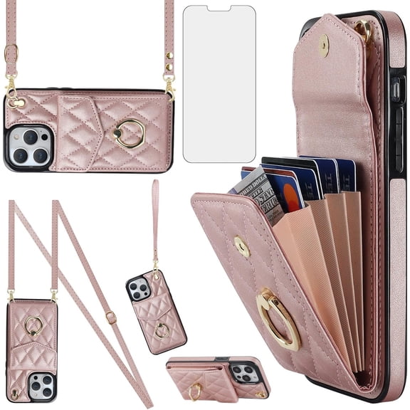 XIHAMA Phone Case Compatible for iPhone 13 Pro Max 2021 6.7 inch Wallet Cover with Screen Protector Ring RFID Blocking Credit Card Holder Cell iPhone13 ProMax Women