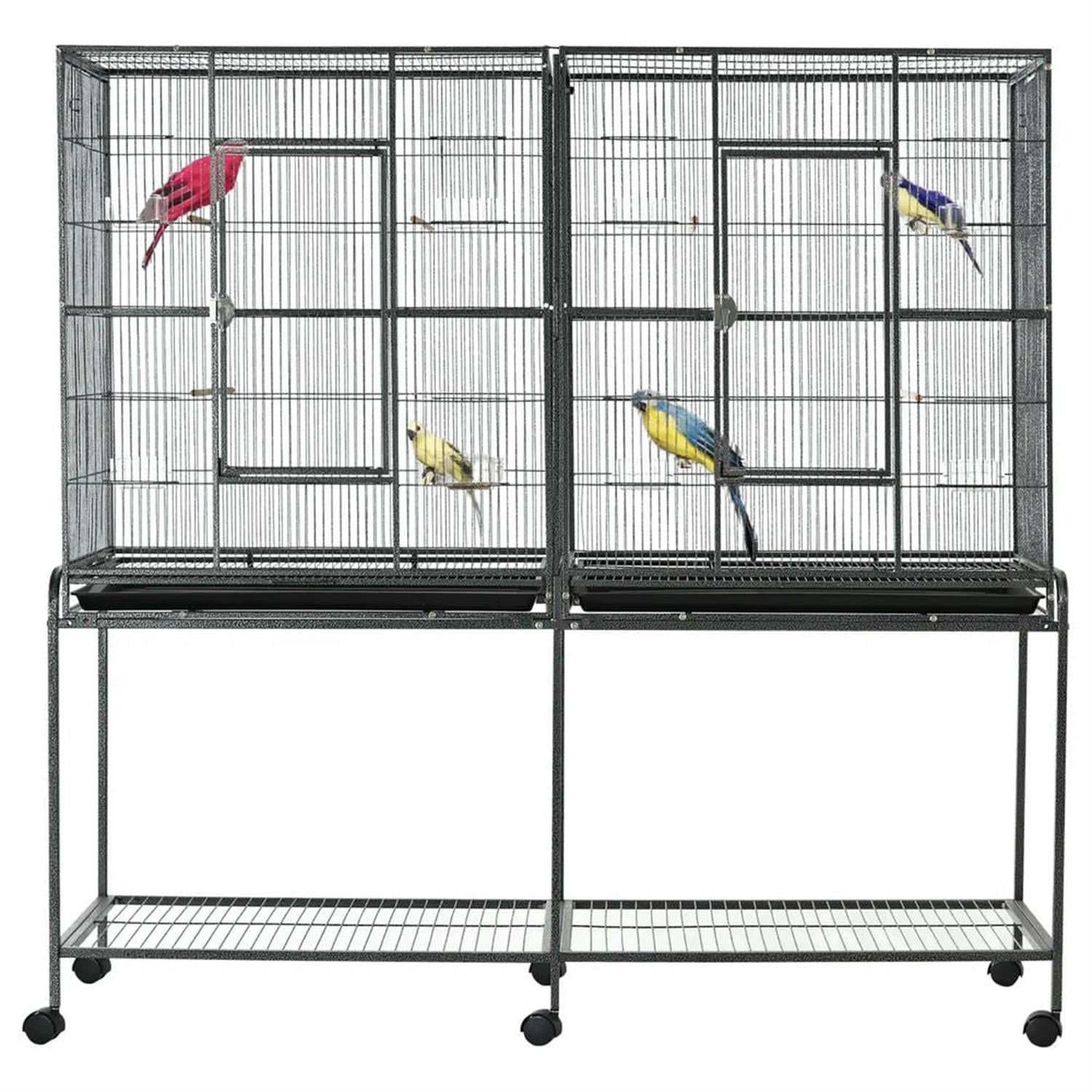 resenkos 64" Height Heavy Duty Travel Bird Cage Carrier with Rolling Stand, Wood Perch & Food Container for Parrots Conures Lovebird Cockatiel Parakeets, Black