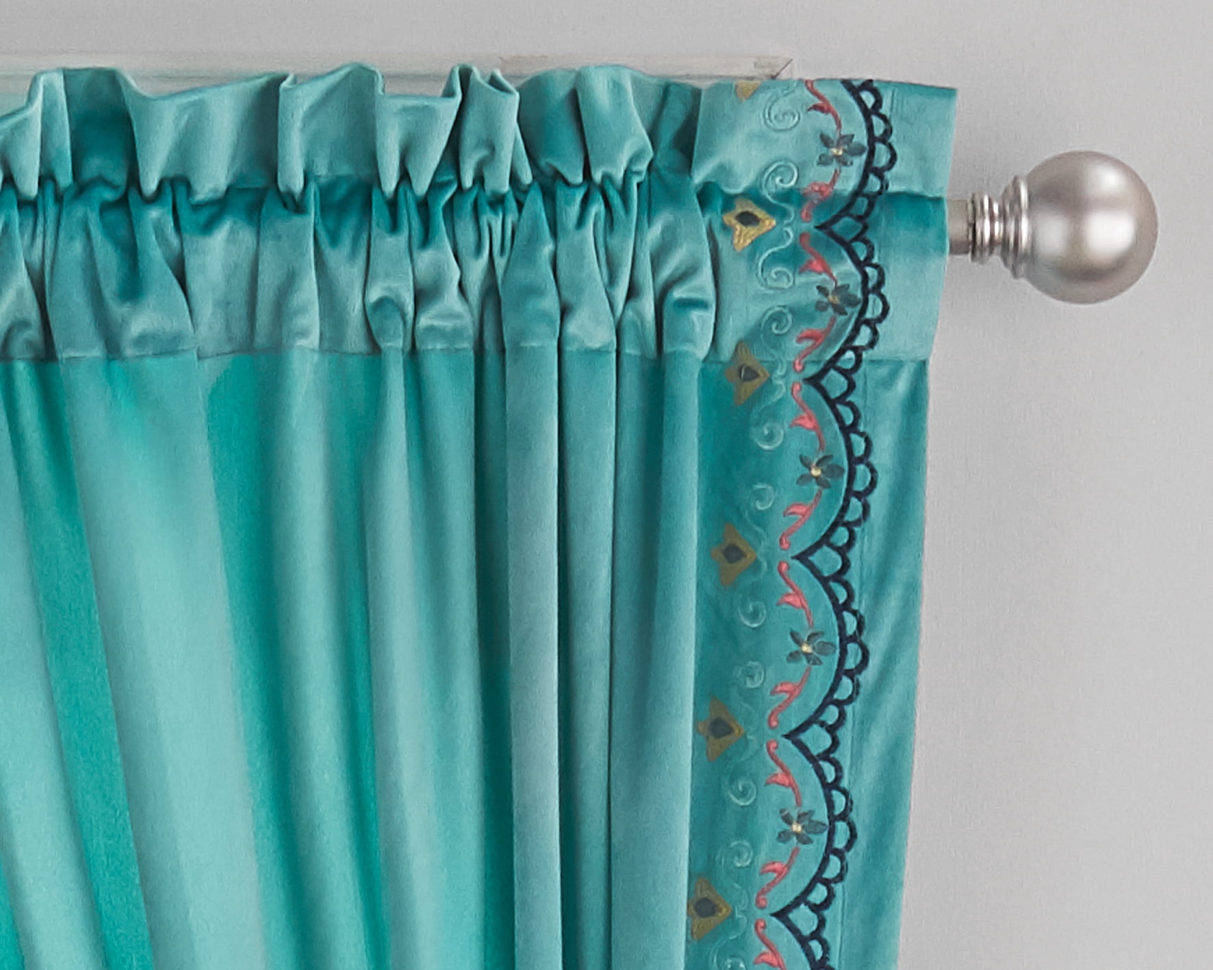 The Pioneer Woman Embroidered Velvet Light Filtering Rod Pocket Window Curtain Panel, Set of 2, Teal Topaz, 40 x 84