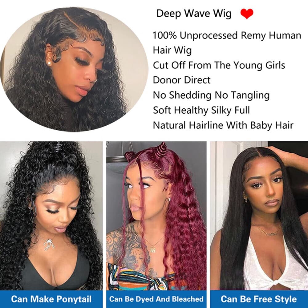 SUCS Deep Wave Lace Front Wigs Human Hair 13x4 HD Lace Frontal Wigs 180% Density Glueless Pre Plucked with Baby Hair Deep Wave Wig for Women Brazilian Human Hair Natural Color 18 inch
