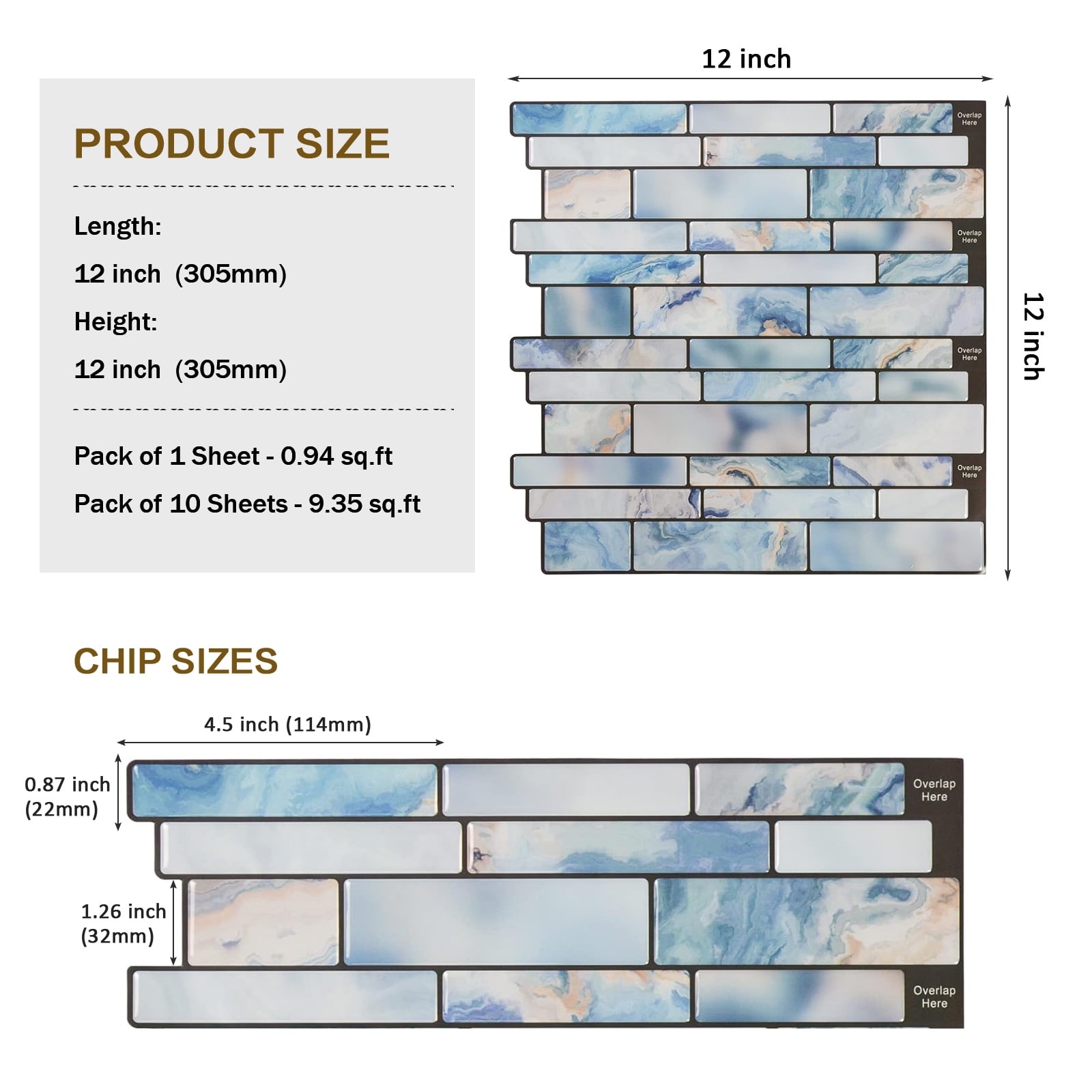 10-Sheet Peel and Stick Backsplash Subway Tile, 12"x12" Blue Marble Stone Design Self Adhesive Wall Tiles for Kitchen Bathroom