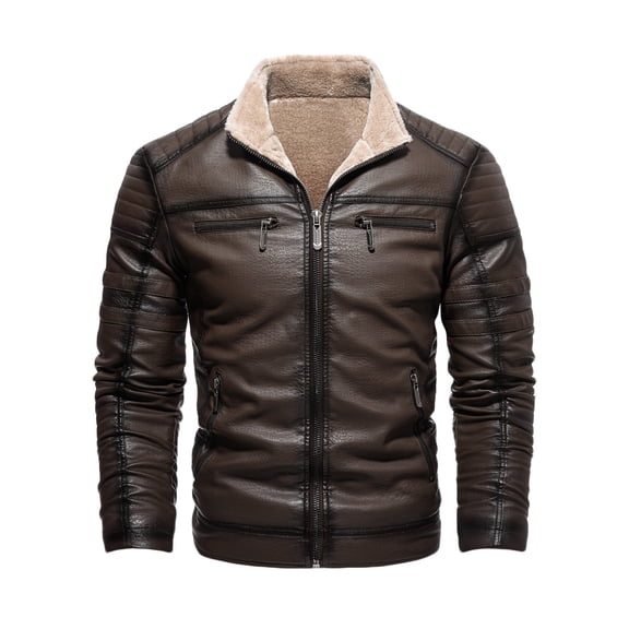 guisaled Men Faux Leather Jacket Winter Thicken Warm Fleece Lined Motorcycle Bomber Jacket Lapel Collar Zipper Up Pu Casual Jackets