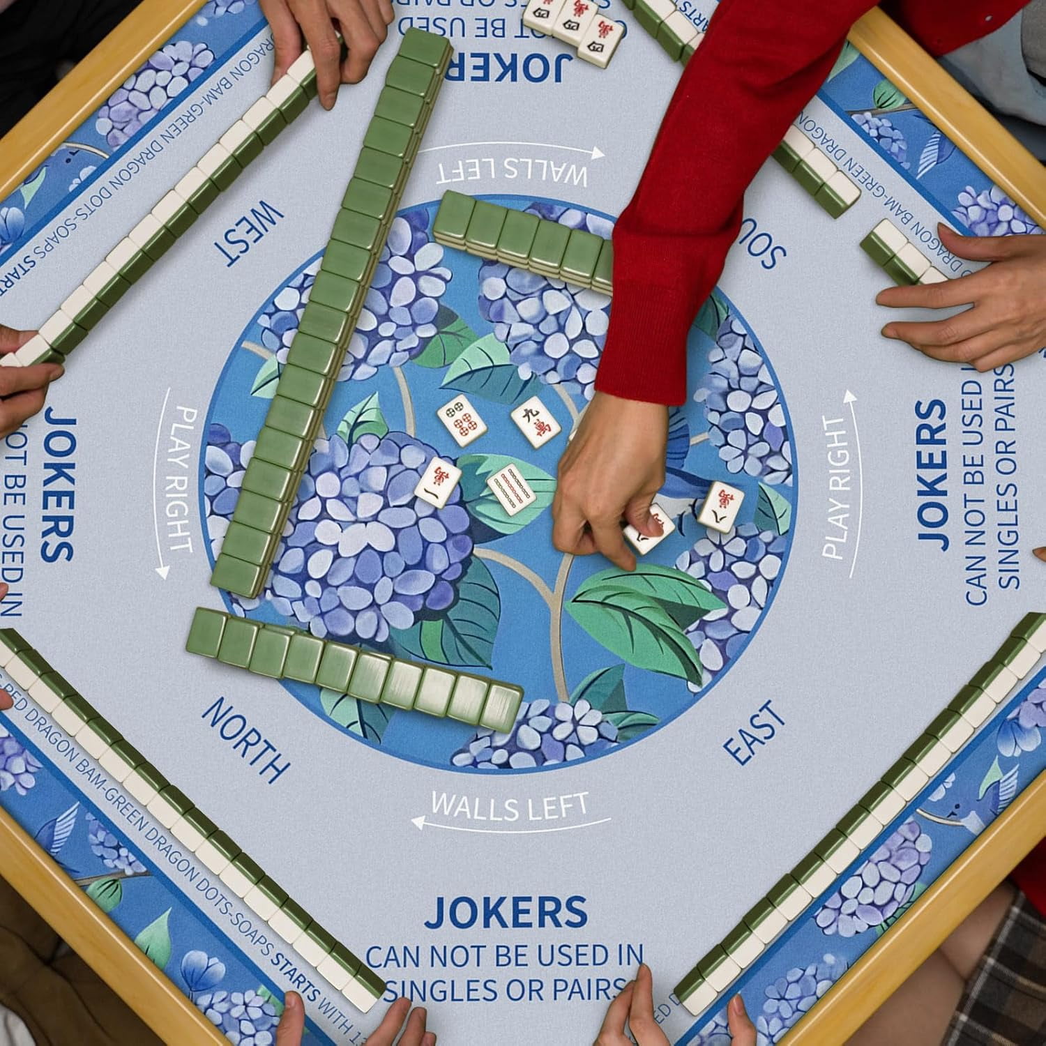 Tegeme Chinoiserie Mahjong Mat 31.5" x 31.5" Hydrangeas Mat Anti Slip and Noise Reduction Multi Purpose Game Table Cover Non-Slip Noise Reduction Gaming Rug for Mahjong, Card, Board Tile Game