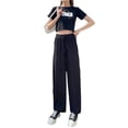 thumbnail image 2 of Pantalones Anchos de Punto Gofre para Mujer, con Cintura Elástica Alta y Cordón Ajustable. Negro M, 2 of 10