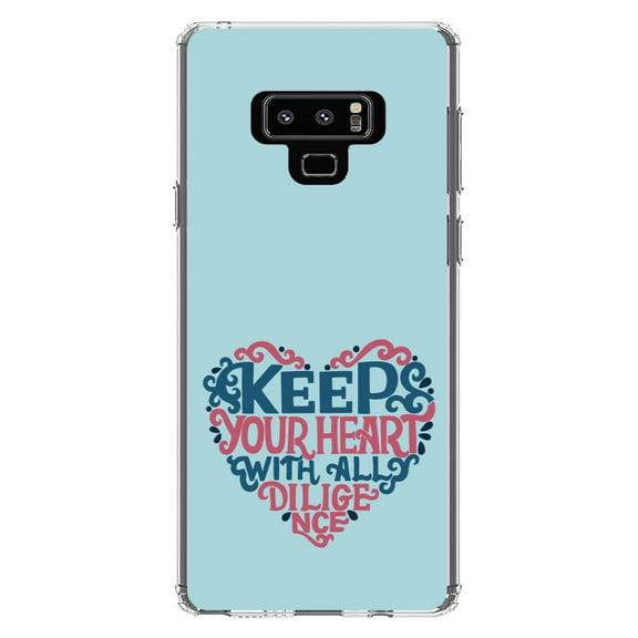 DistinctInk Clear Shockproof Hybrid Case for Samsung Galaxy Note 9 - TPU Bumper, Acrylic Back, Tempered Glass Screen Protector - Keep Your Heart With All Diligence