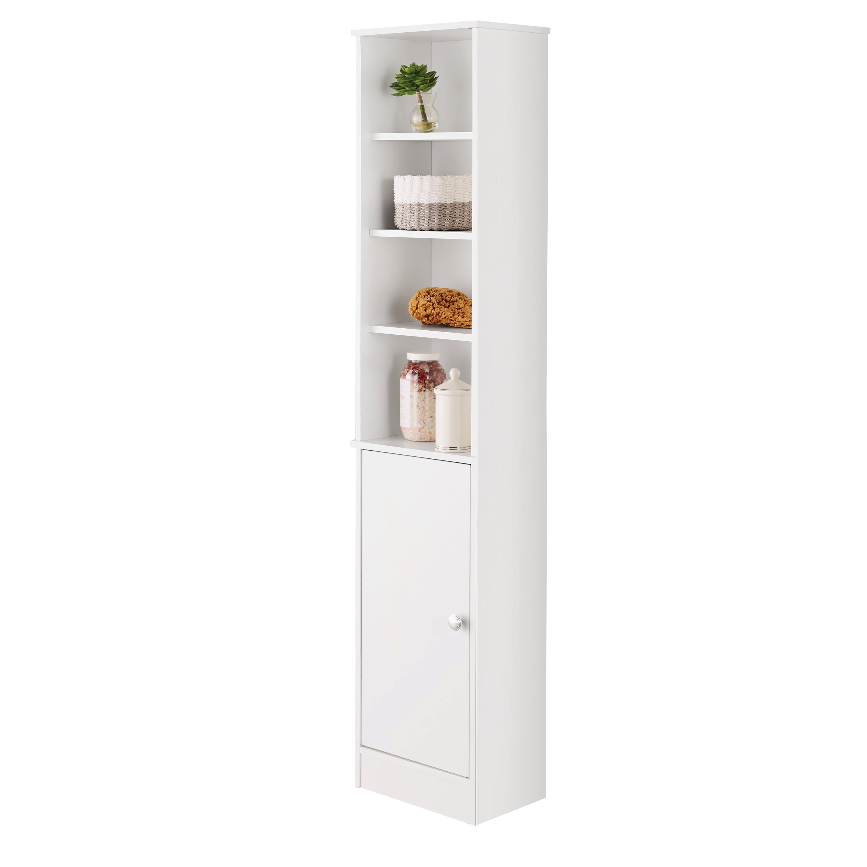 White Bathroom Storage Linen Tower with Mix of 6 Open and Concealed Shelves,  Mainstays 