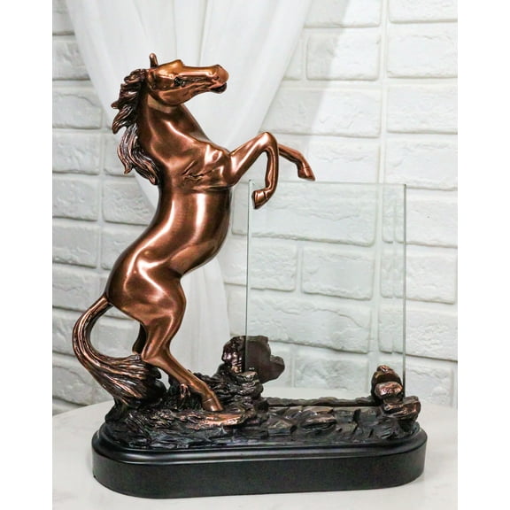 Country Rustic Rearing Equine Horse Bronzed Figurine With 4X6 Beveled Glass