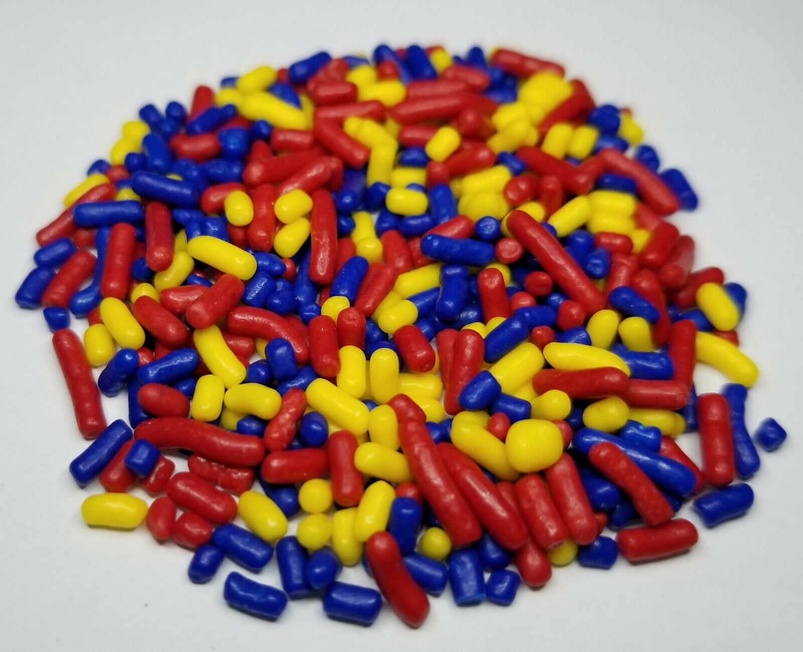 NCS Red, Yellow, and Dark Blue Jimmies Edible Sprinkles - 4 oz - Packaged in a food approved heat sealed bag - Includes 12 Thank You Reflective Stickers