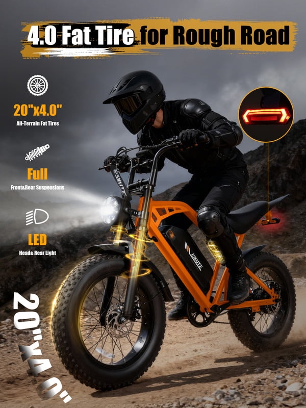 ESKUTE V200 Electric Bike for Adults, Dirt E-Bike with 29MPH 48V20.8Ah Battery 80 Miles,20"x4.0 Fat Tire, NFC Unlock, 7-Speed Dual Suspension, Streamlined Frame, Orange, UL2849