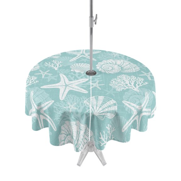 Outdoor Tablecloth with Umbrella Hole Zipper Starfish Light Teal Coastal Round Tablecloth 60" Waterproof Outside Table Cloth Summer Nautical Shell Beach Patio Table Cover Tablecloths for Picnic Party