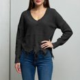 thumbnail image 2 of Women's Frayed Hem Crop Sweater V-Neck Long Sleeve Casual Pullover (Black, L), 2 of 5