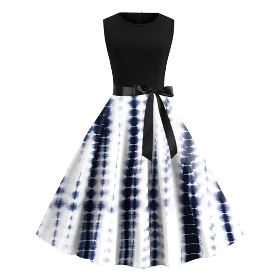 Dresses for Women 2025 Cocktail Party Prom Vintage Empire Waist Flowy Pleated Swing 1950S Tank Dresses Striped Print Sleeveless Round Neck Midi Formal Dresses for Women Blue XXL