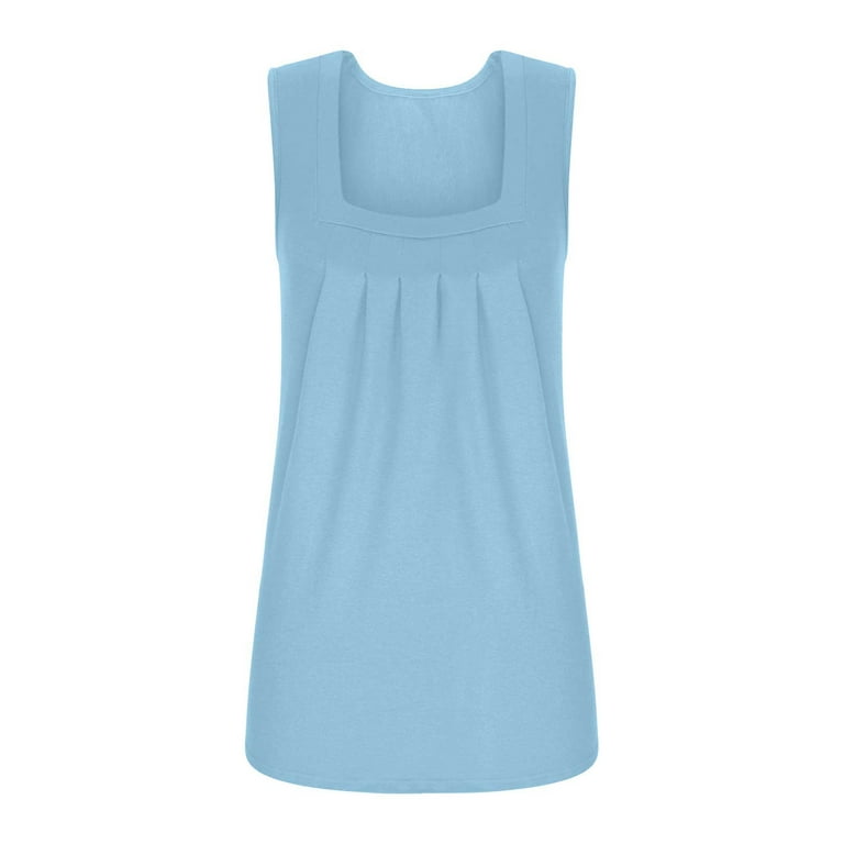 RQYYD Reduced Summer Tank Tops for Women Loose Fit Pleated Square Neck  Sleeveless Tops Curved Hem Flowy Tunic Shirts Blouse(Light Blue,M)