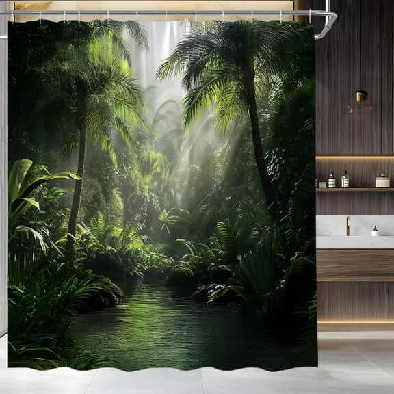 Jungle Shower Curtain Tropical Rainforest Palm Tree Leaves River Nature Scenery Landscape Fabric Bathroom Decor Set-72"W x 78"L (Pack of 1)