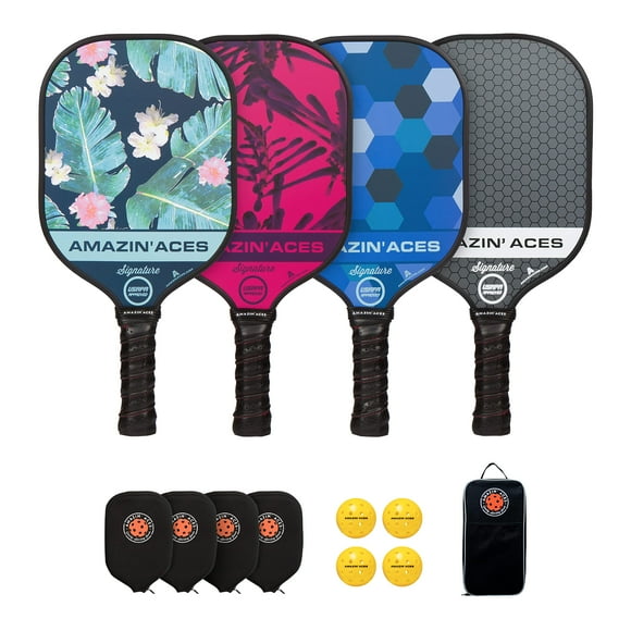 Amazin Aces Signature Pickleball Paddle Set in Blue, Pink, green, and grey - 4 USAPA-Approved Pickleball Rackets with graphite Face & Polymer Honeycomb core, 4 Balls, 4 Paddle covers, & 1 carry Bag