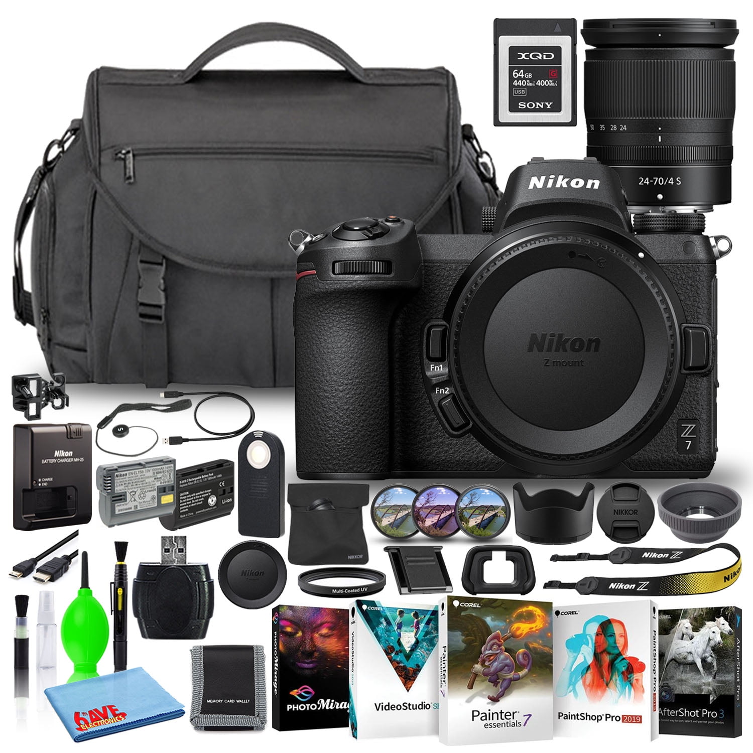 Nikon Z7 Mirrorless Camera Bundle with 24-70mm Lens 64GB XQD Card Camera Bag Photo Software Extra Battery & Filter Kit (International Model)