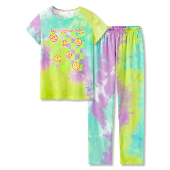 Beezizac Girls Pajama Cotton Tie Dye Checker & Face Short Sleeve & Pants Set 2-PC Cute Sleepover Size 10