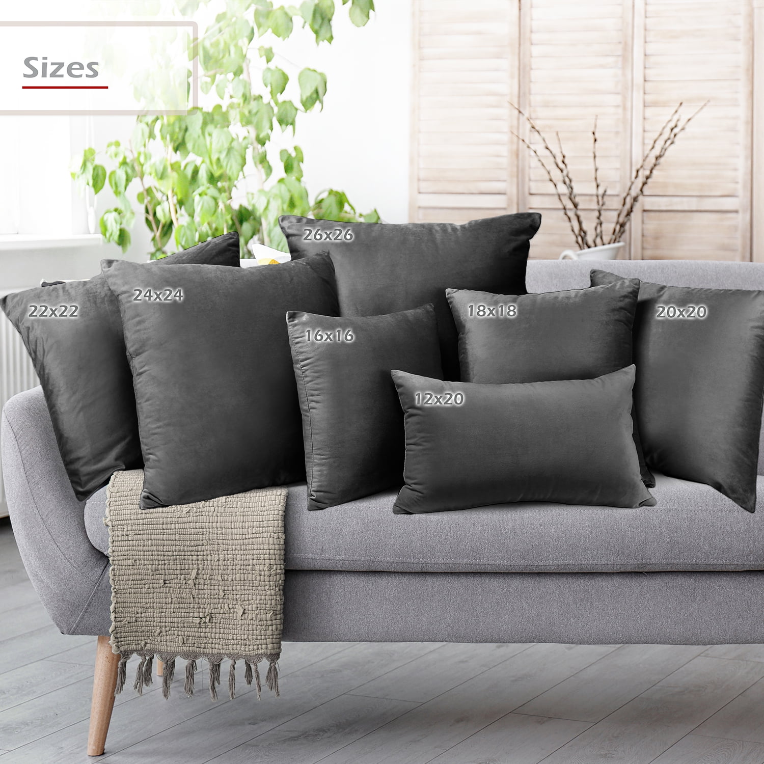 Clara Clark Plush Solid Decorative Microfiber Square Throw Pillow Cover with Throw Pillow Insert for Couch, Grey, 26"x26"", 4 Piece Decorative Soft Throw Pillow Set