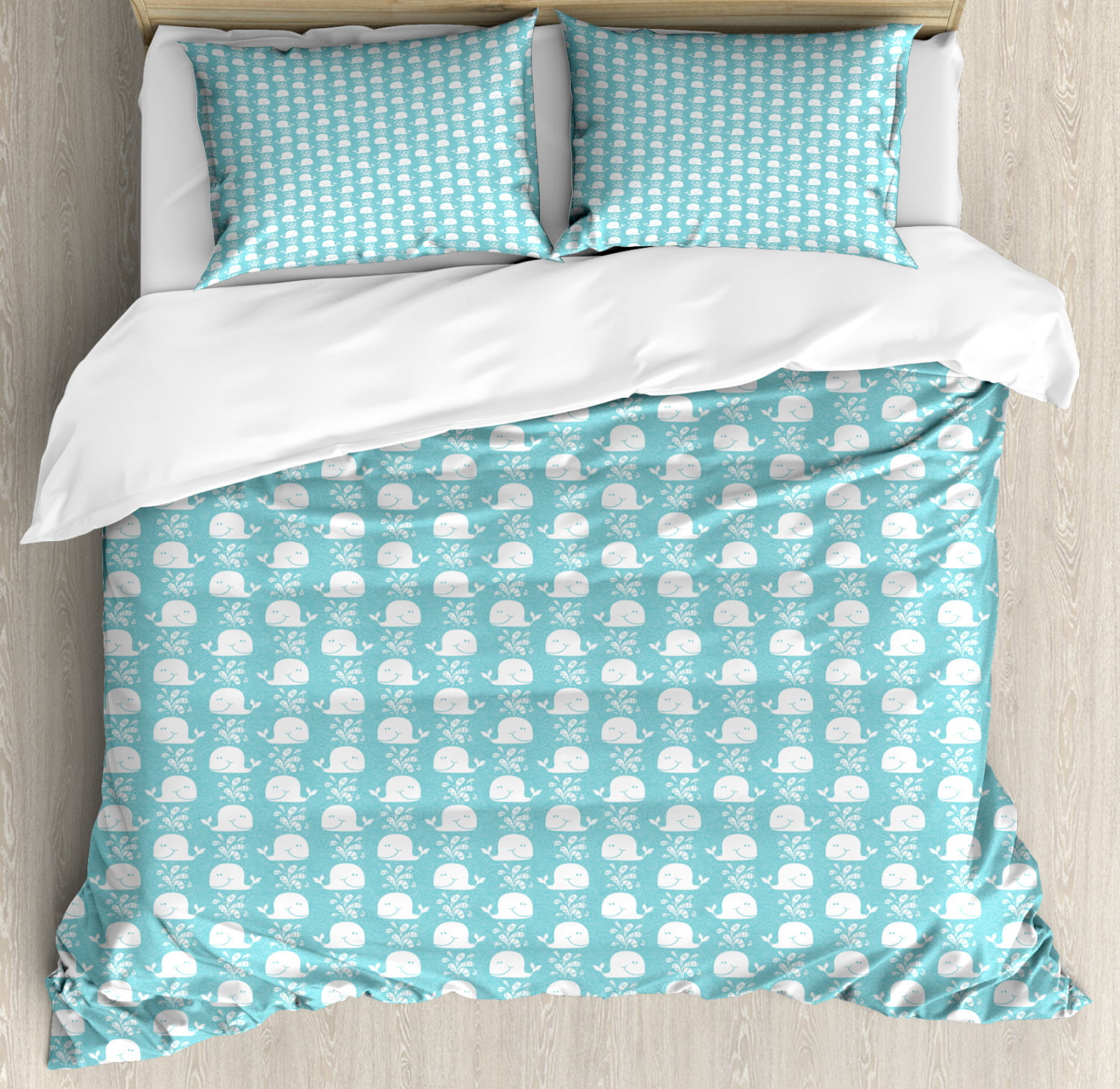 Blue and White Duvet Cover Set King Size, Doodle Pattern with Waves and Funny Whales Ocean Life