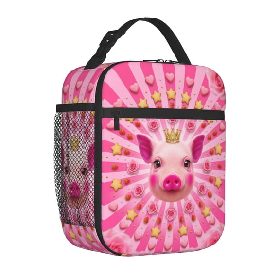 Pig Lunch Bag Insulated Reusable Cooler Tote Cute Cartoon Portable Meal Prep Bag Side Mesh Pocket Work Office Picnic