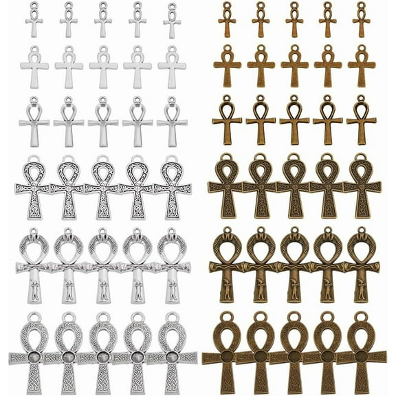 60pcs 6 Styles Ankh Cross Charms 0.7~1.8 inch Cross Pendants Egyptian Metal Charms Vintage Charms Tibetan Pendants for DIY Crafts Earring Necklace Bracelet Ankle Keychain Jewelry Making