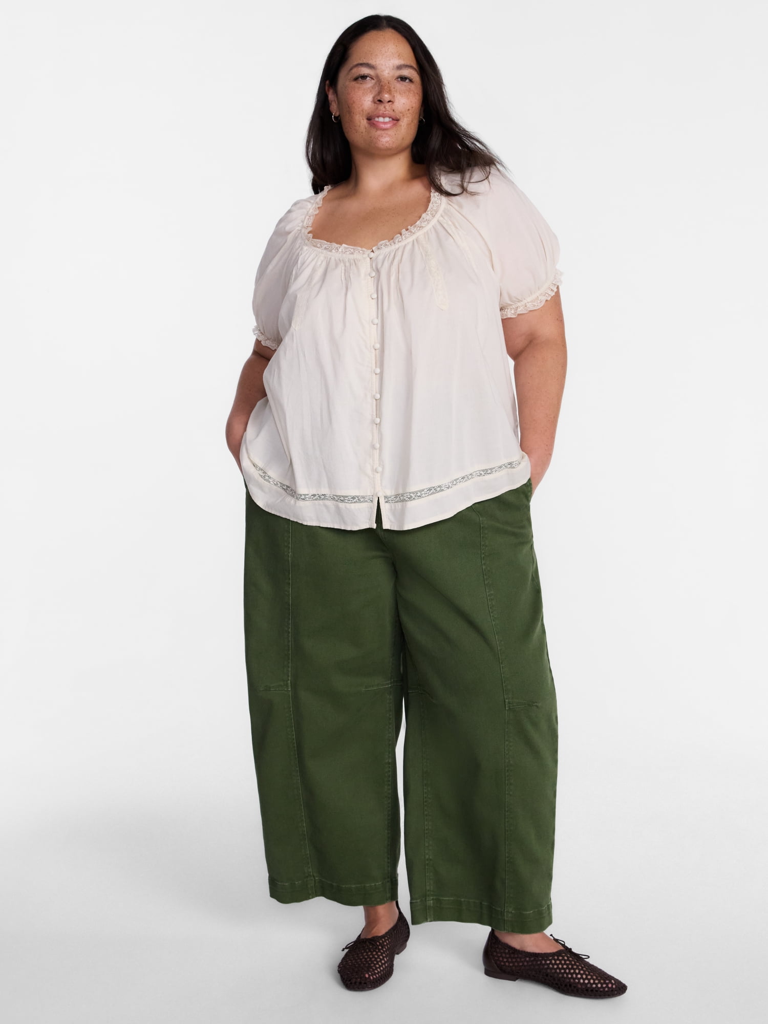 Terra & Sky Women's Plus Button Front Cotton Swing Top with Short Sleeves, Sizes 0X-5X