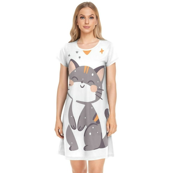 Women's Sleepshirts Cat with Eyes Closed and Smiling Nightgowns Sleep for Women Soft House Dresses Night Gown for Ladies