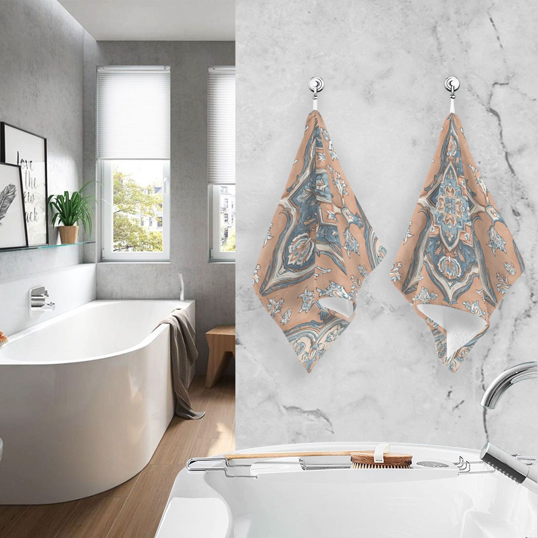 2 Pieces of Cotton Towel Face Towel Set Hand Towel Bath Towel Cotton Bath Towel Sets Terracotta Mosaic Peach Accents