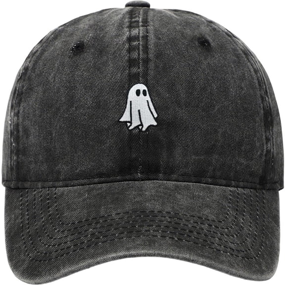 Byfri Black Halloween Ghost Embroidered Baseball Hat 56-62cm Adjustable Washed Cotton Dad Cap