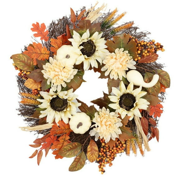 18inch Fall Wreaths for Front Door, Artificial Sunflowers Pumpkin Wreath with Maple Leaves Berries Pine Cones Autumn Wreath for Thanksgiving Farmhouse Harvest Halloween Porch Home Decor