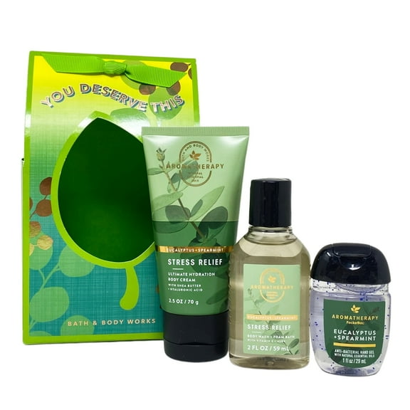 Bath and Body Works Aromatherapy Stress Relief Eucalyptus   Spearmint You Deserve This Travel Gift Bag Set - Body Cream - Body Wash   Foam Bath - Hand Gel - Travel Size